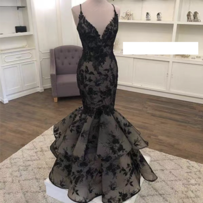 V neck prom dresses black lace mermaid  - Thumbnail 2
