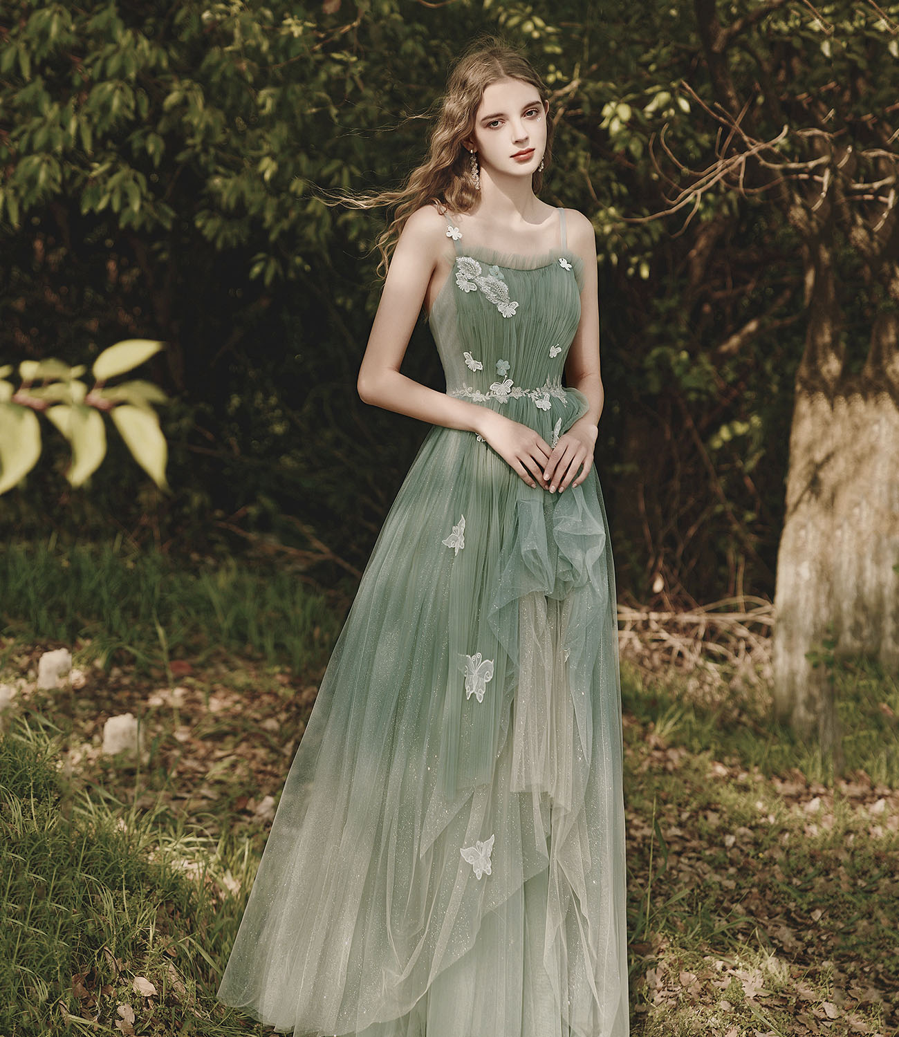 Green tulle lace long prom dress A line evening dress