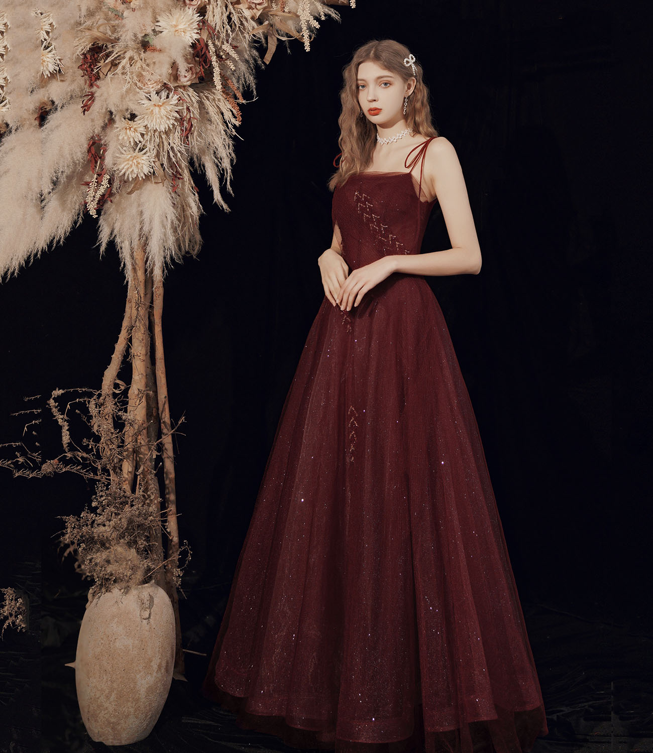 Burgundy tulle beads long prom dress evening dress