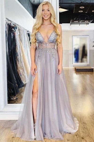 SP1162,Grey tulle prom dress,spaghetti straps evening dresses,v-neck beaded prom formal gown