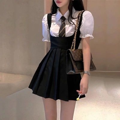 Cute Preppy Puff Sleeve Shirt Pleated Dress Set Student Aesthetic Casual E-Girl Kawaii Korean Japanese Harajuku