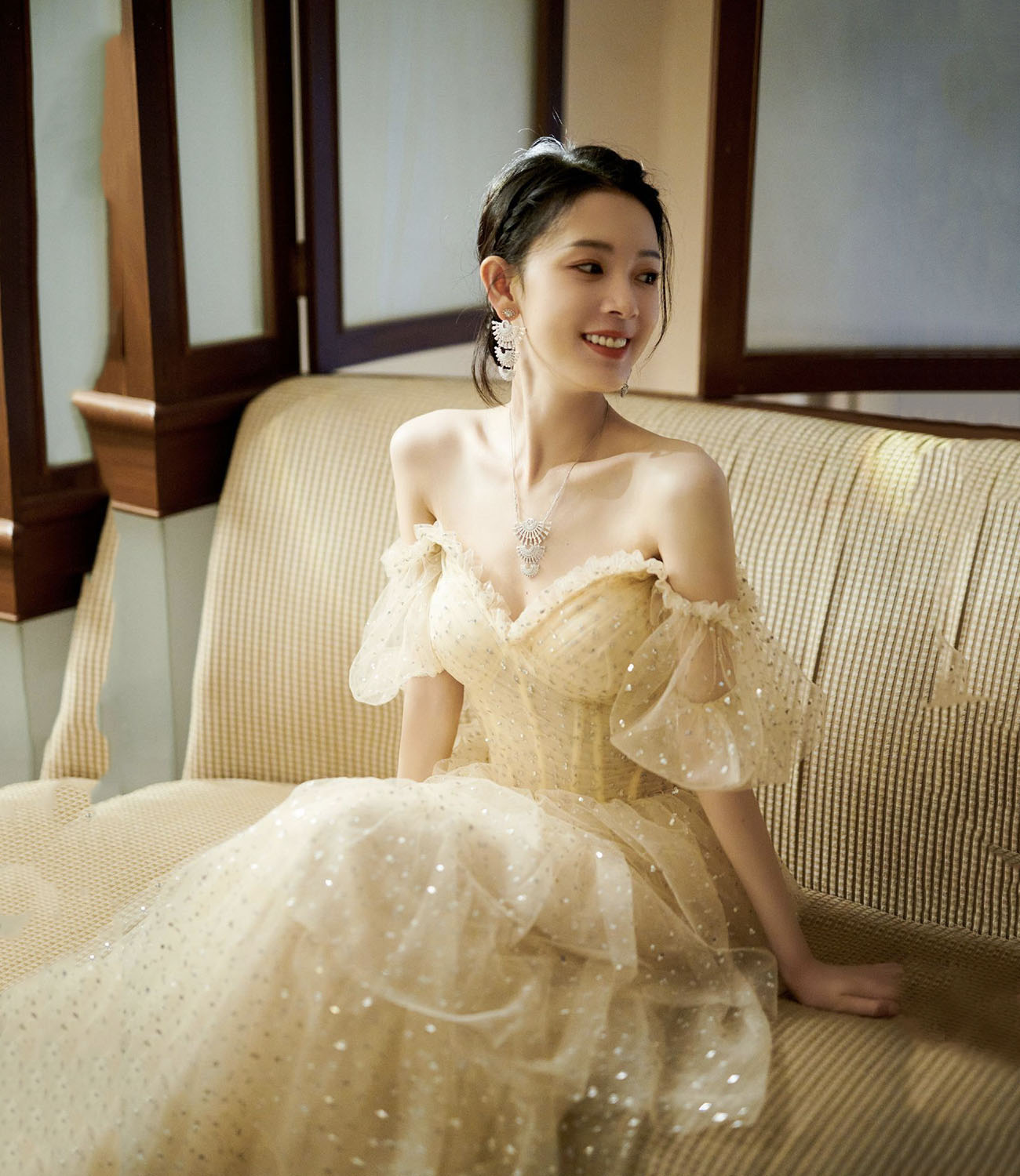 Champagne tulle sequins long prom dress evening dress