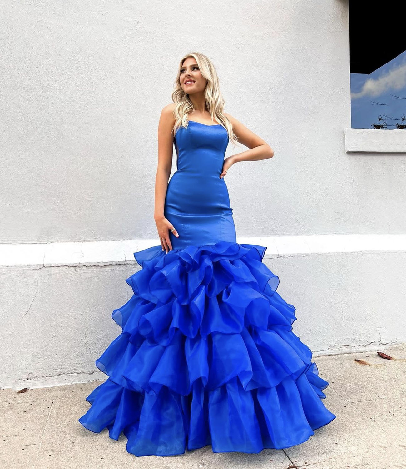 Blue satin tulle long prom dress mermaid evening dress