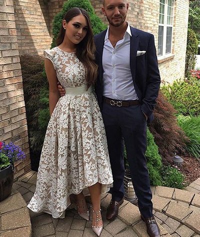 High Low Scoop Long Champagne Lace Prom/Evening Dress,737