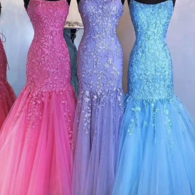 Straps prom dresses with lace appliqes hot pink/blue/lavender  - Thumbnail 1