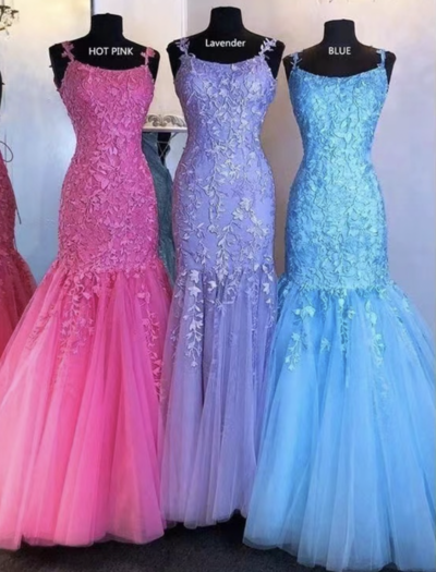 Straps Prom Dresses with Lace Appliqes Hot Pink/Blue/Lavender
