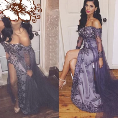 Light purple prom dresses slit with full sleeves - Thumbnail 1