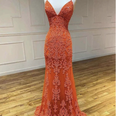 Orange prom dresses with appliqué - Thumbnail 4
