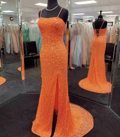 Orange Prom Dresses Slit Straps