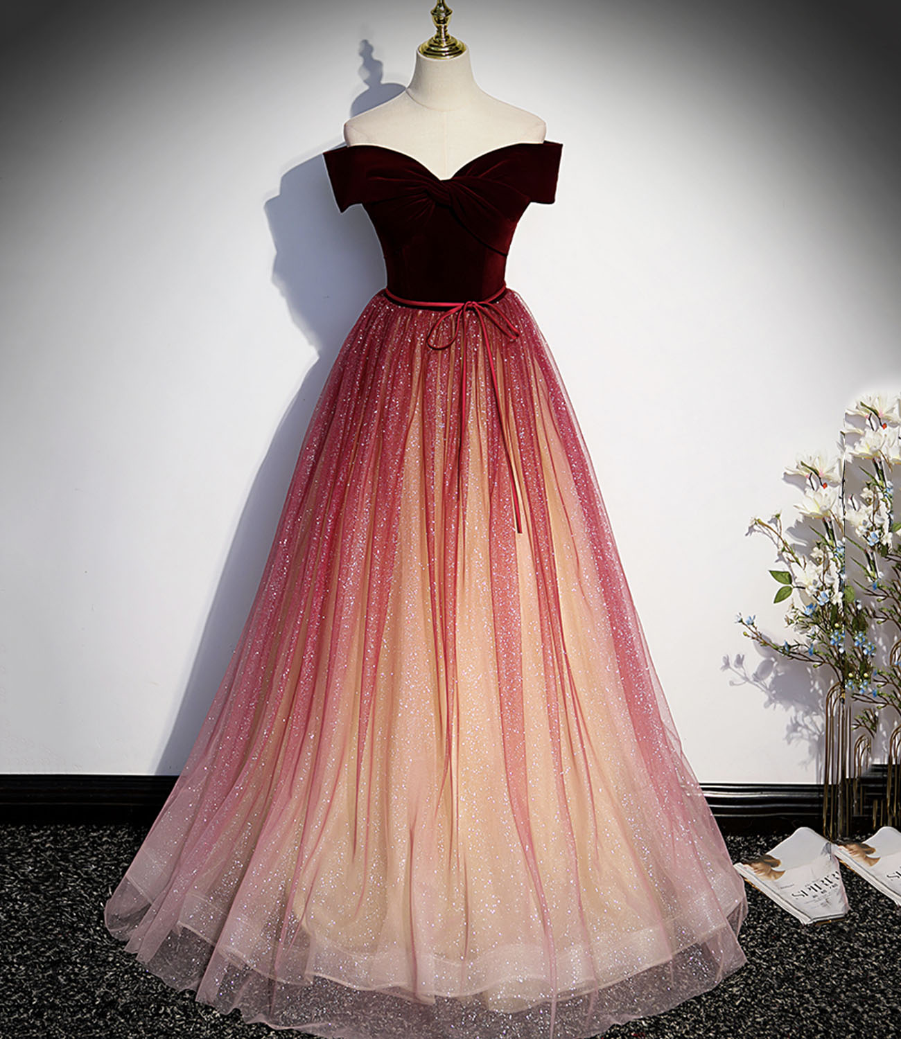 Burgundy tulle sequins long prom dress A line evening dress