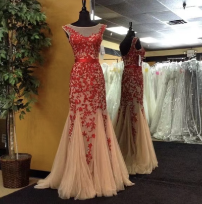 Sheer Neck Mermaid Prom Dresses with Appliqué