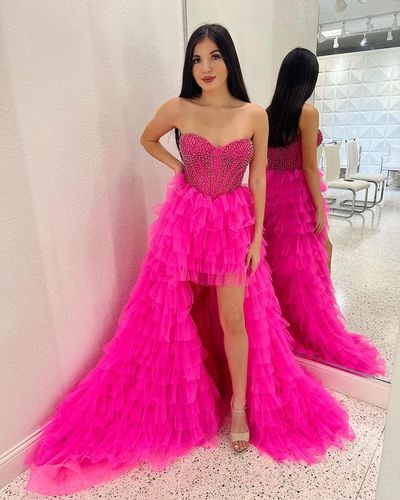 Gorgeous Ball Gown Fuchsia Tulle High Low Prom Dress with Beading