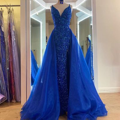 Sparkly mermaid v neck royal blue sequins prom dress with detachable organza bottom dress - Thumbnail 2
