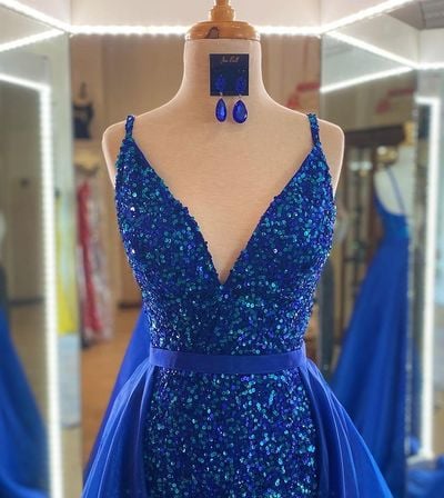 Sparkly Mermaid V Neck Royal Blue Sequins Prom Dress with Detachable Organza Bottom Dress