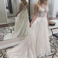 Lace See Through Cheap Wedding Dresses, Bateau A-line Bridal Dresses,1282 - Thumbnail 1