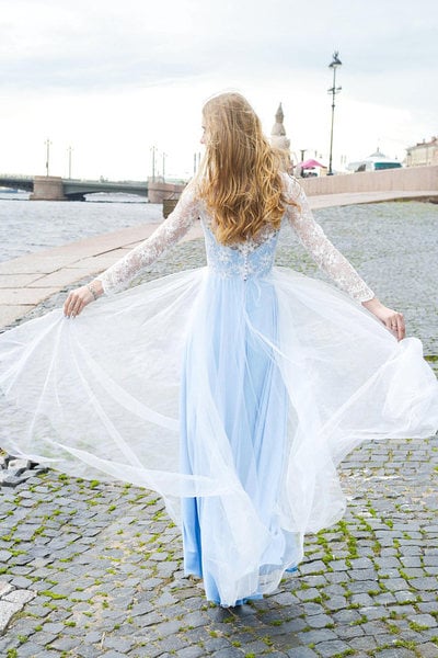 Sky Blue ALine Wedding Dresses Lace Sheer Long Sleeve Bridal Gowns,1283