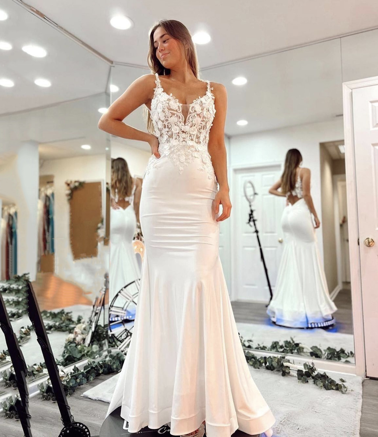Mermaid lace long prom dress white evening dress
