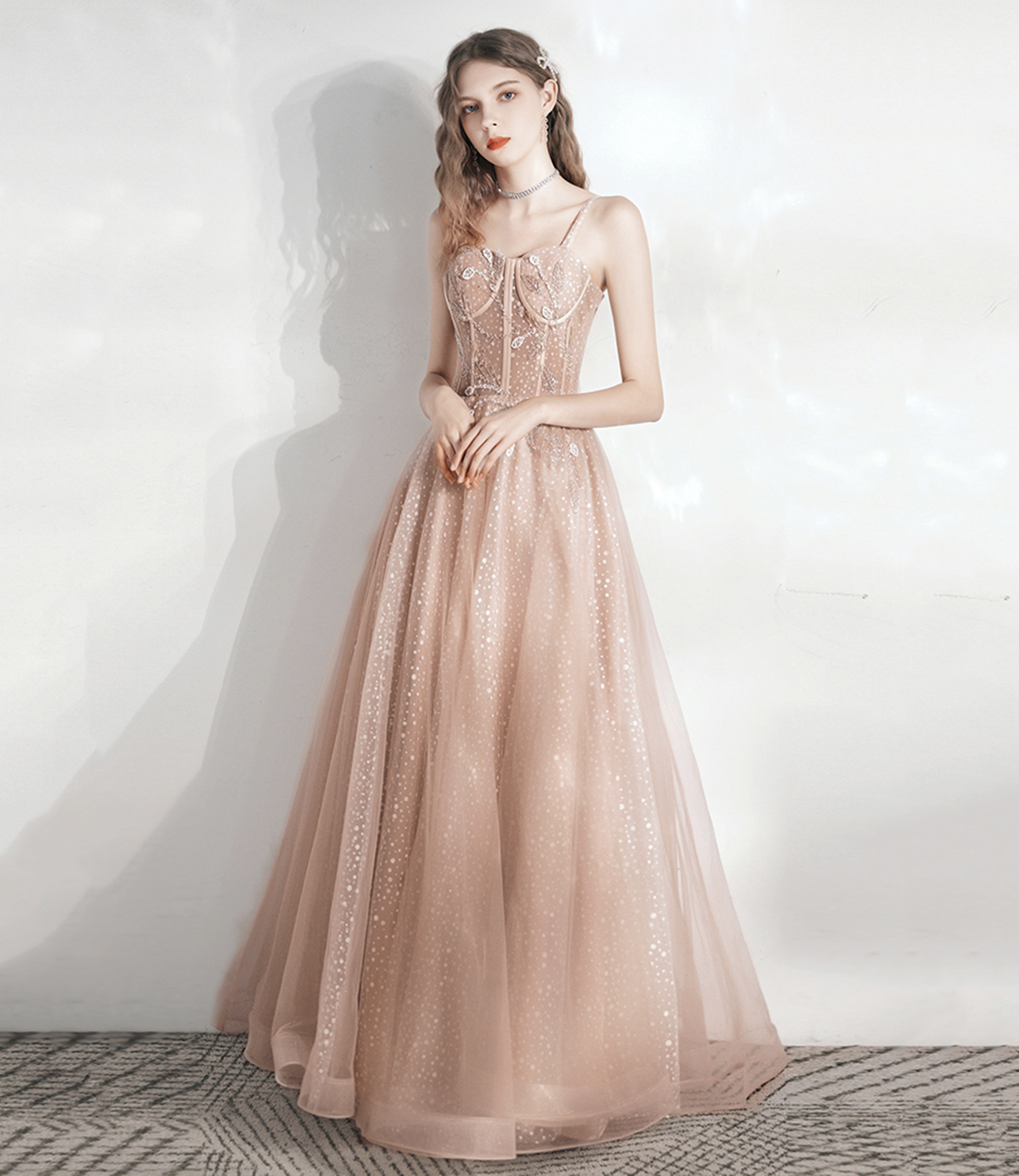 Cute tulle lace long A line prom dress evening dress