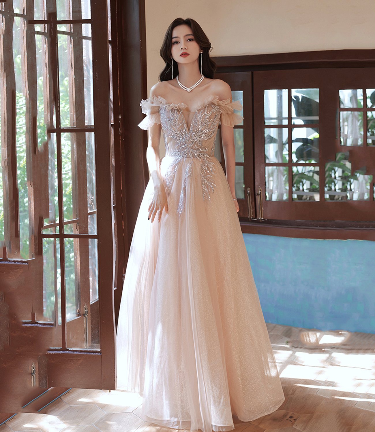 Champagne tulle long prom dress A line evening dress