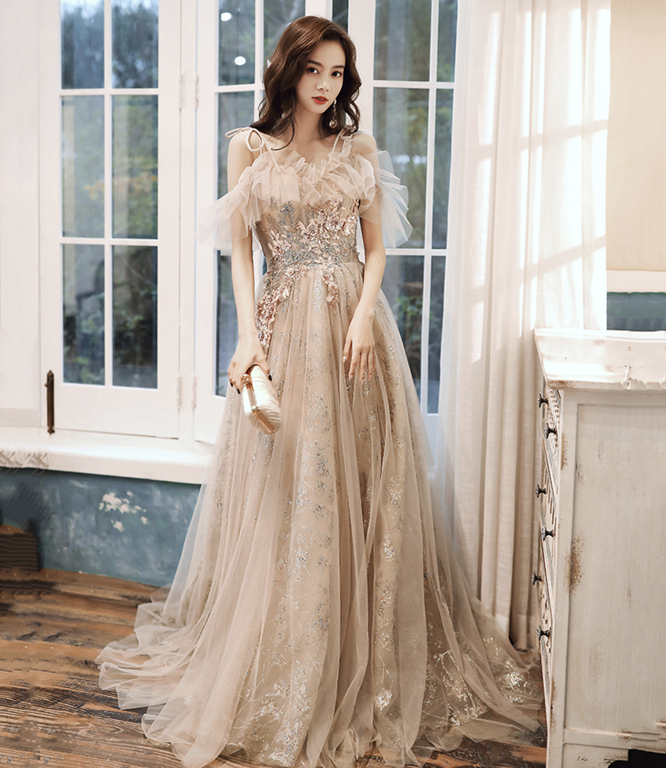 Champagne tulle sequins long prom dress evening dress