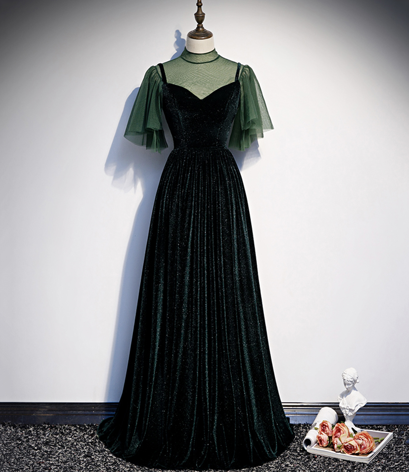Green velvet long prom dress A line evening dress
