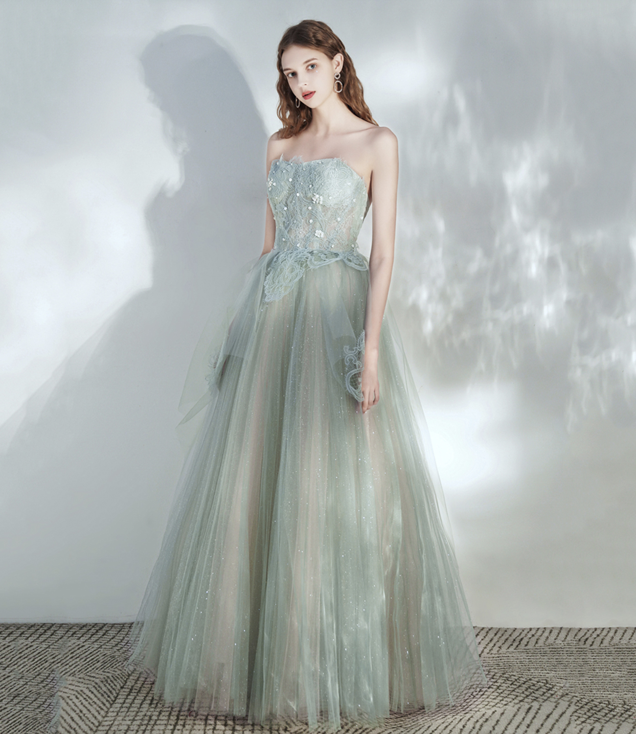 Green tulle lace long prom dress A line evening dress