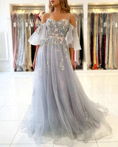 A-Line Cold Sleeves Grey Prom Gown with Embroidery,743