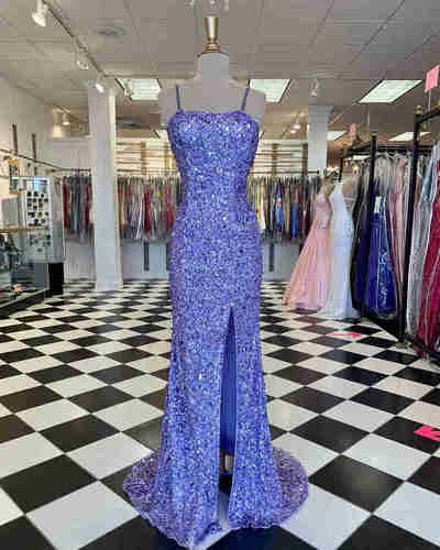 Sparkle Lavender Sqeuined Prom Dress with Slit,744