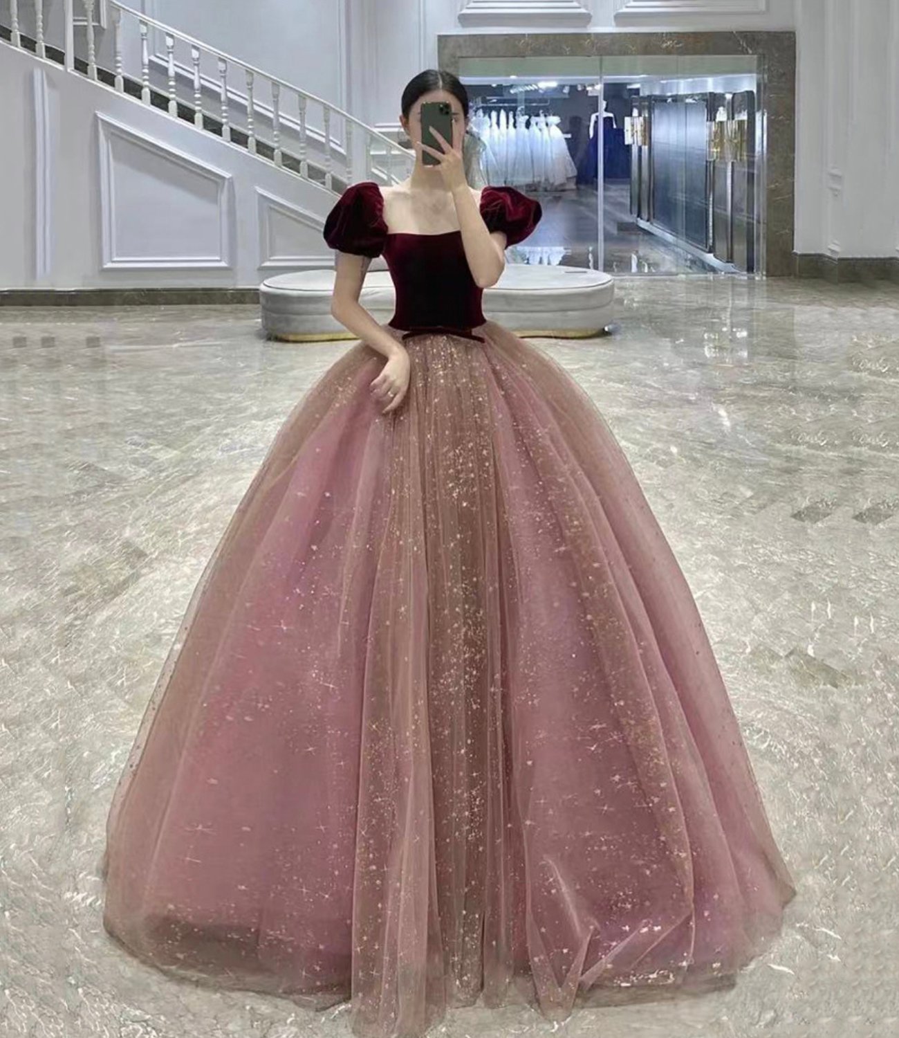 Cute velvet tulle long prom dress A line evening gown
