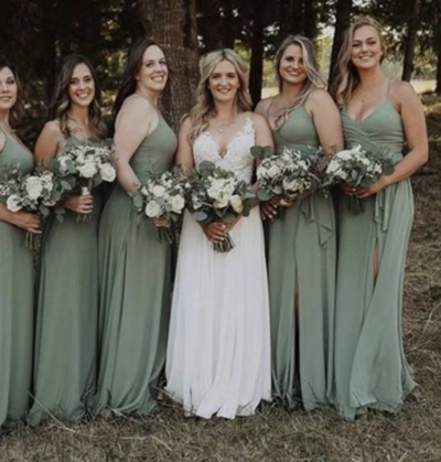 Sage Green Bridesmaid Dresses Spaghetti Straps Slit