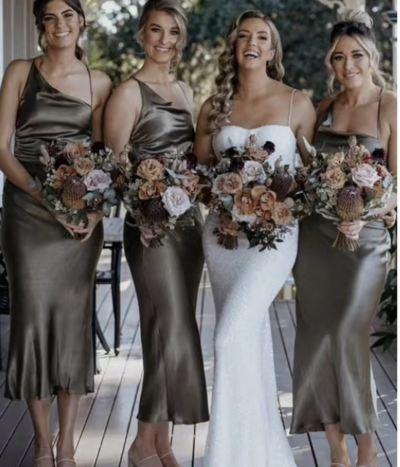 Tea Length Bridesmaid Dresses Silk Straps