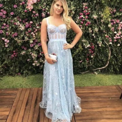 Sky blue prom dresses lace corset spaghetti straps - Thumbnail 4
