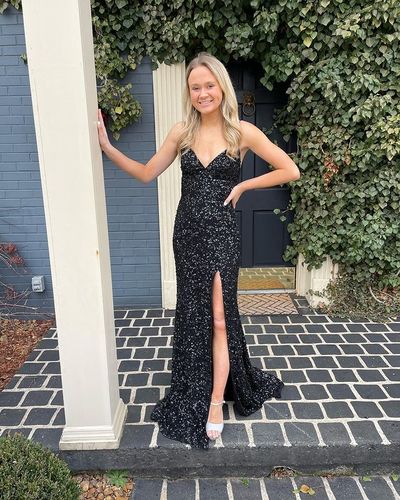 Glitter Mermaid V Neck Straps Black Sequins Prom Dress with Slit