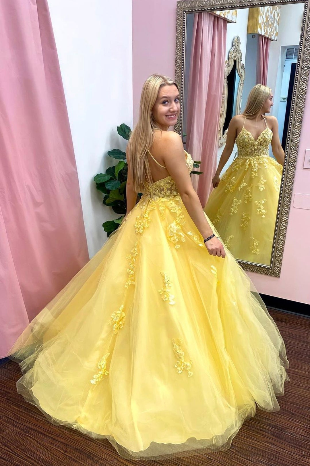 Yellow tulle lace long prom dress A line evening dress