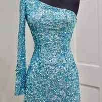 Bodycon One Shoulder Long Sleeve Sequins Evening Party Dresses Short Prom Dresses - Thumbnail 3