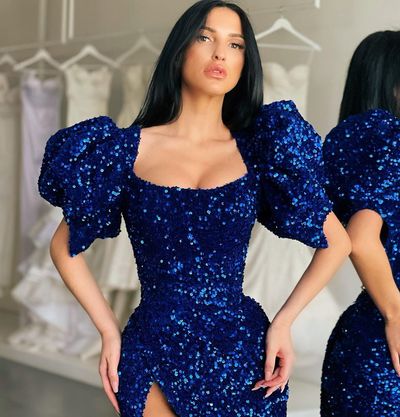 Unique Scoop Neck Royal Blue Sequin Long Prom Evening Dresses with Slit