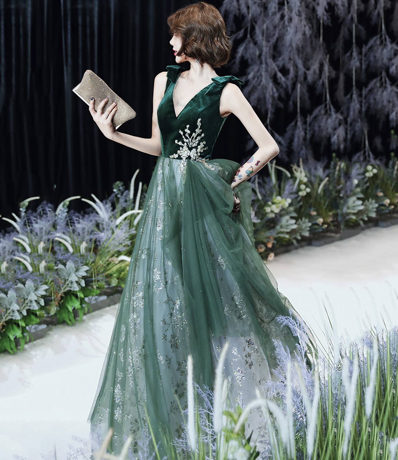 Green tulle sequins long prom dress A line evening dress