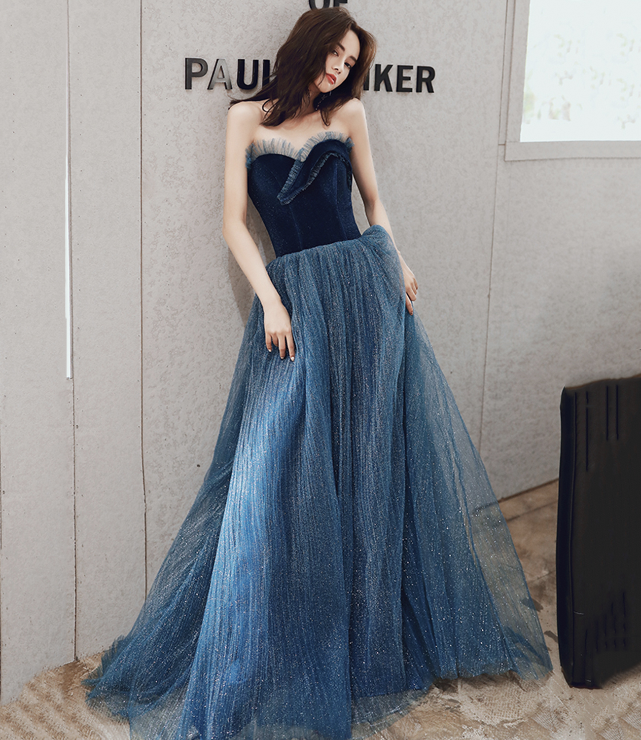 Blue velvet tulle long prom dress A line evening dress