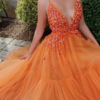 Orange prom dresses tulle floor length with beaded - Thumbnail 2