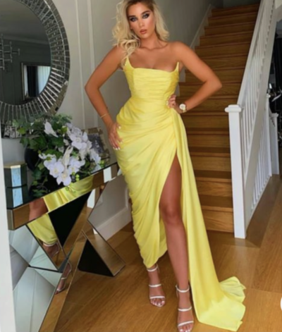 One Shoulder Yellow Prom Dresses Slit