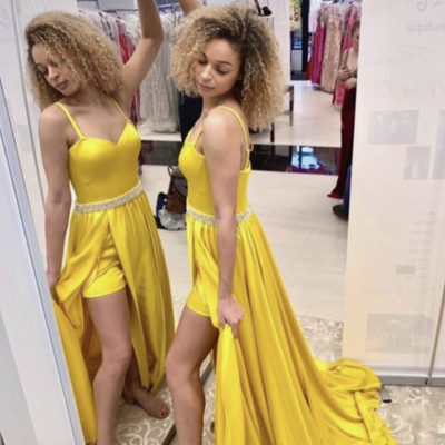 Yellow prom dresses slit waist with beading - Thumbnail 3