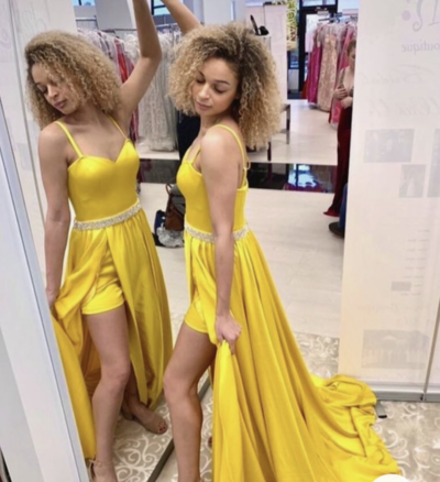 Yellow Prom Dresses Slit Waist with Beading