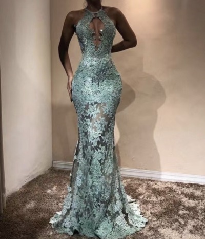 Halter Mermaid Prom Dresses with Appliqué Keyhole