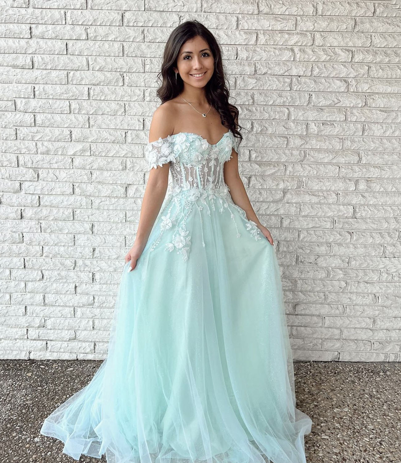 Green tulle applique long prom dress A line evening dress