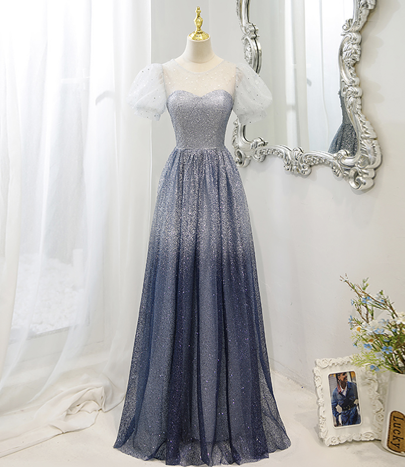 Gray tulle beads long prom dress A line evening dress