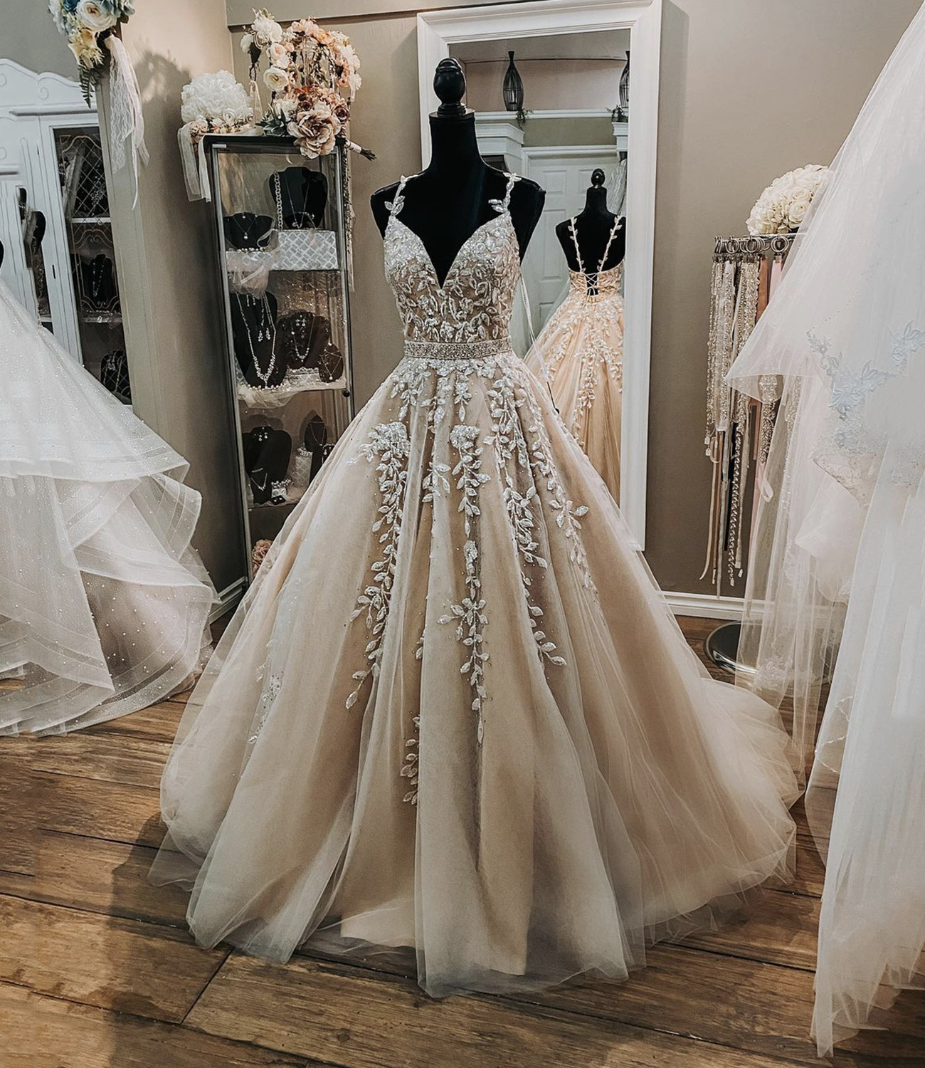 Champagne tulle lace long prom dress A line evening gown