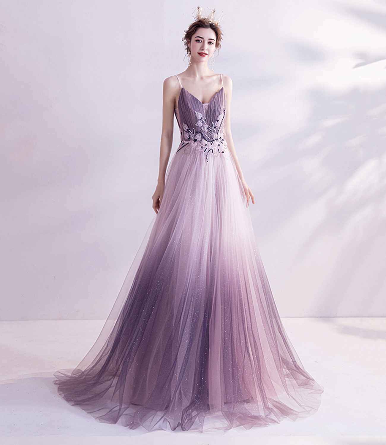 Purple tulle sequins long prom dress purple evening dress