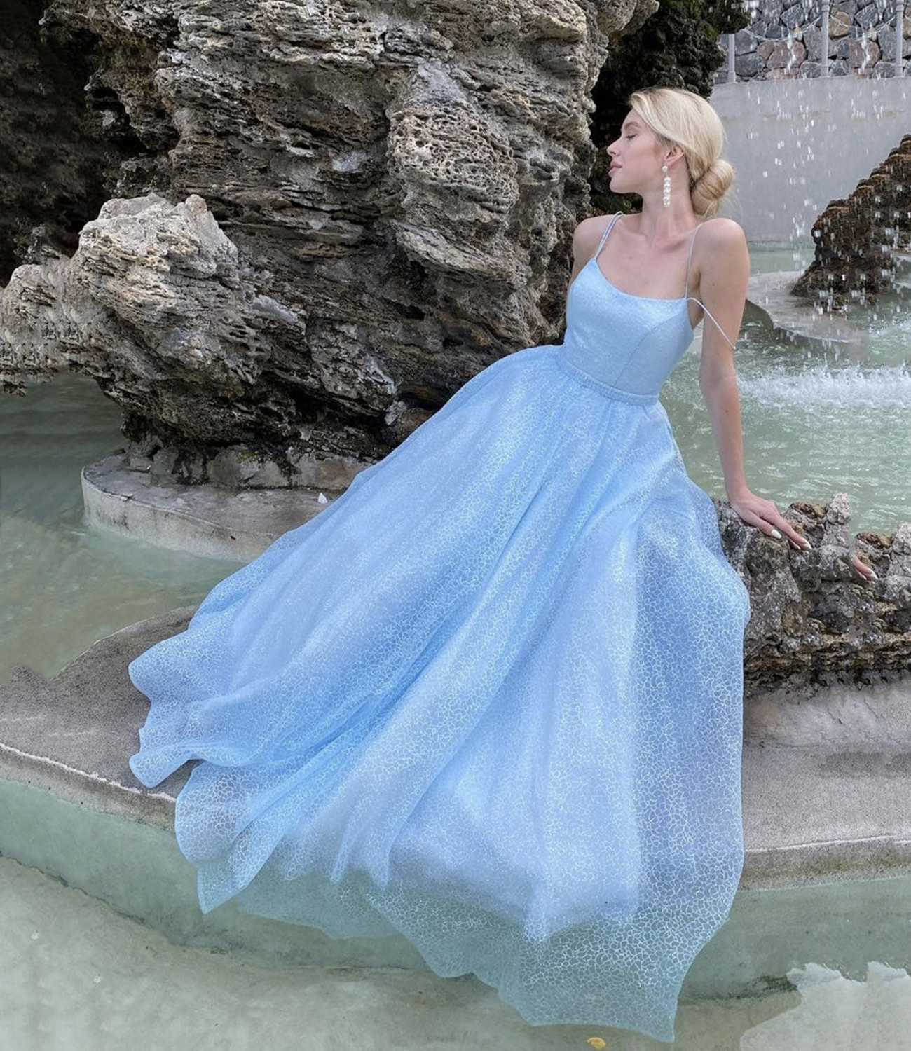 Blue tulle sequins long prom dress blue evening dress