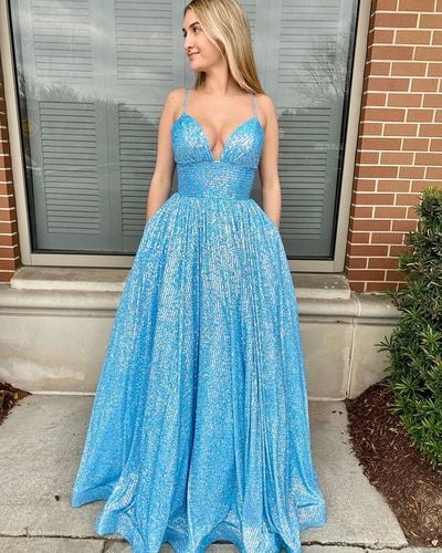 2022 Sparkly Ball Gown Blue Sequins Long Prom Dresses with Pockets