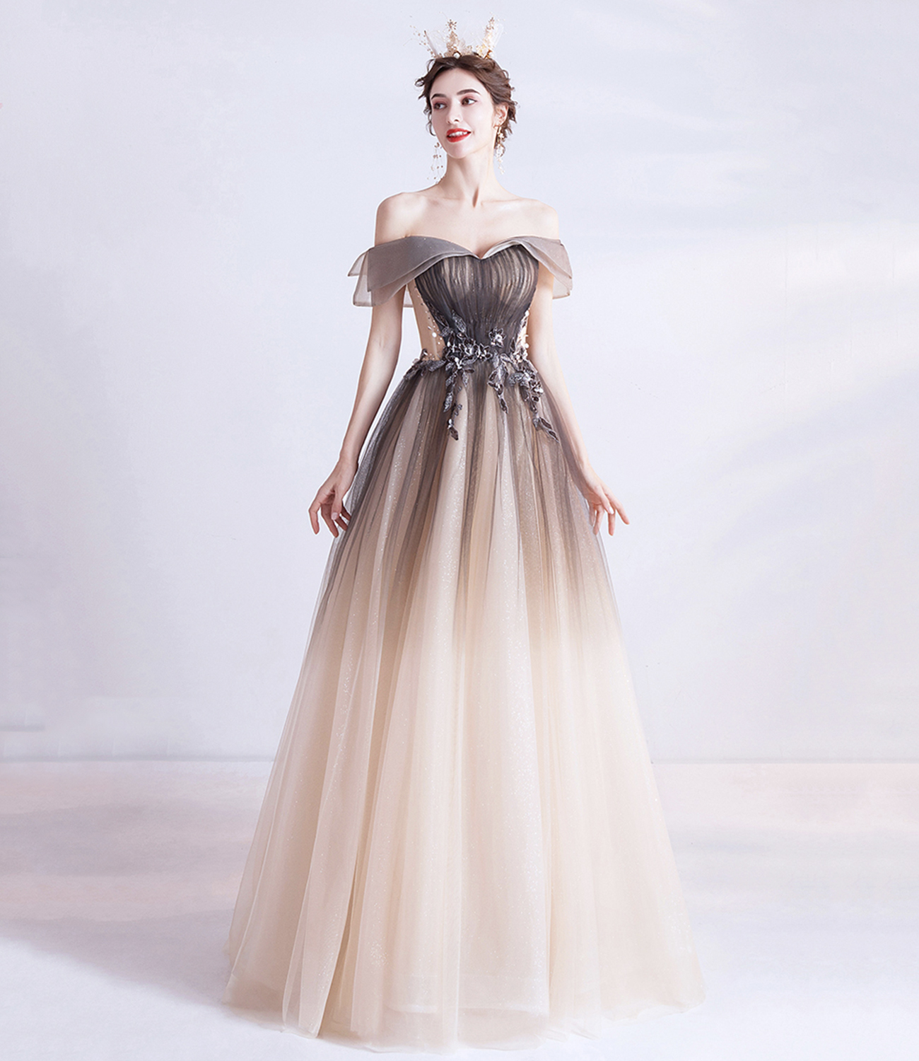 Cute tulle sequins long prom dress evening dress